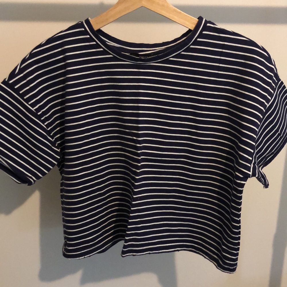 Navy Blue Striped Short Sleeve Crop Top, size M